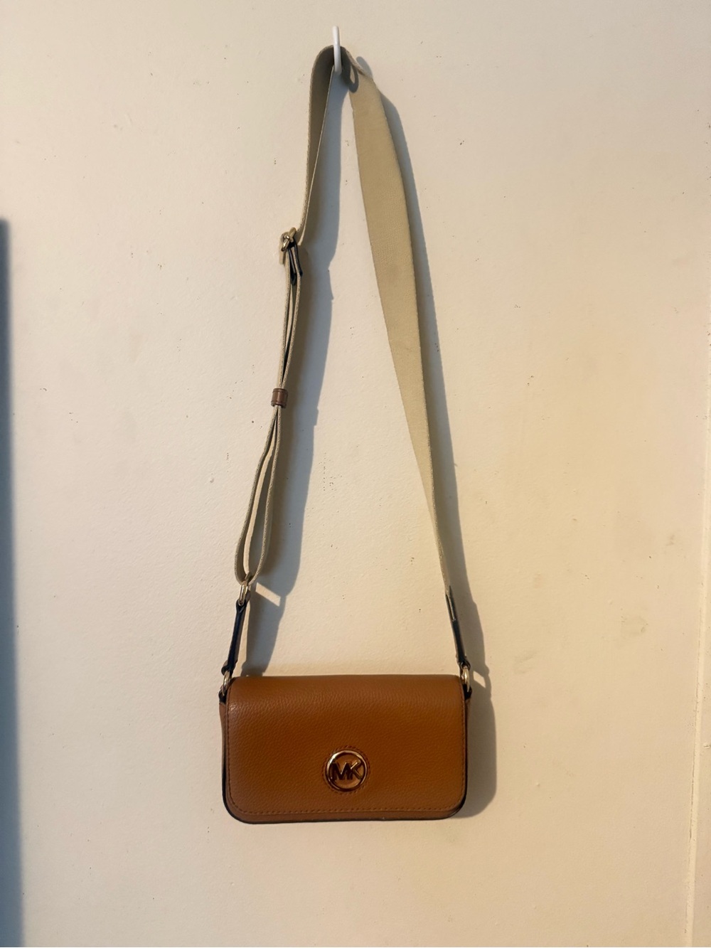 Michael Kors Brown Leather Crossbody with Contrast Beige Strap